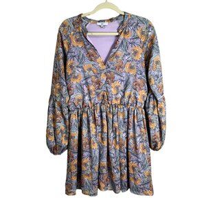 NSR Womens Andra Flared Floral Mini Dress Size Large Boho Prarie Purple Orange